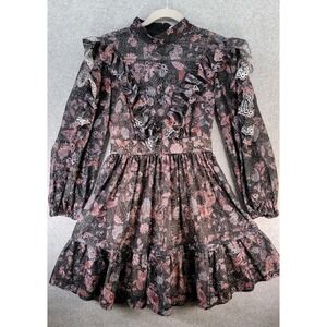 LA MAISON TALULAH Mini Dress Floral Black Purple Lace Ruffle Sz S Lolita Whimsy
